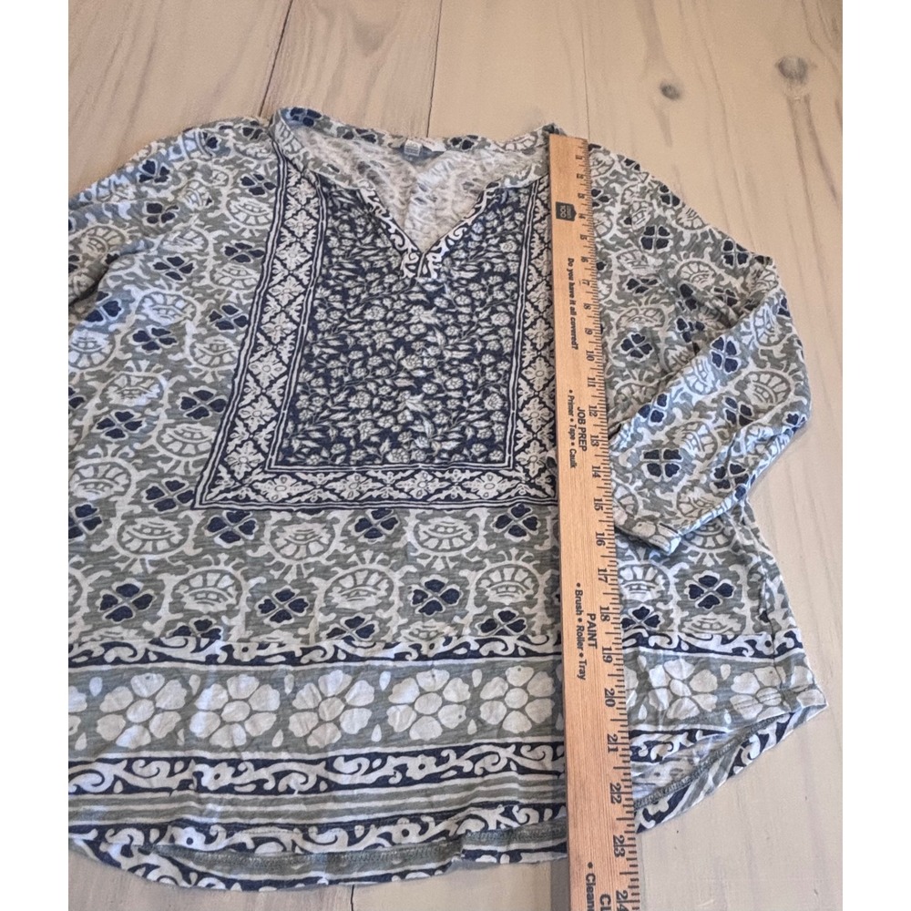 Lucky Brand Womens Blue Tan Floral Boho V-Neck 3/4 Sleeve Top Large Peasant - Picture 6 of 11